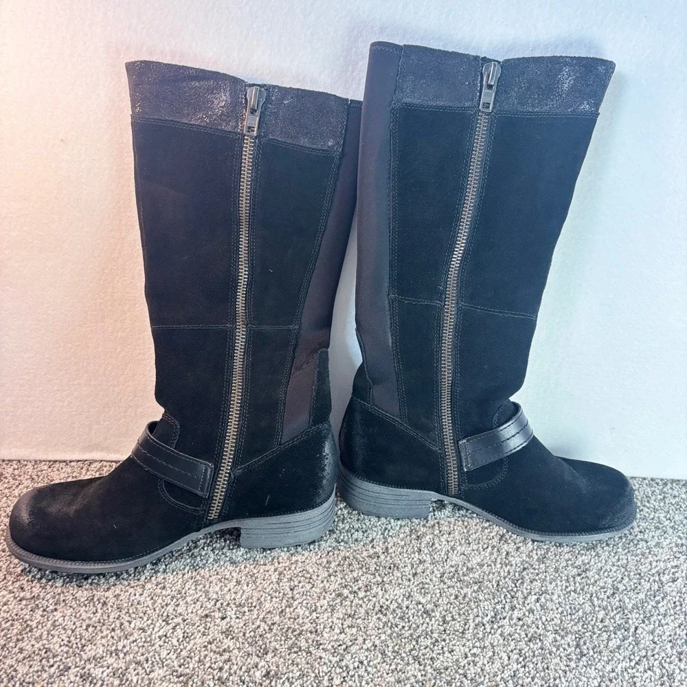 Earth Origins Black Suede Tall Boots Women Mixed Media Buckle Strap Zip Size 8